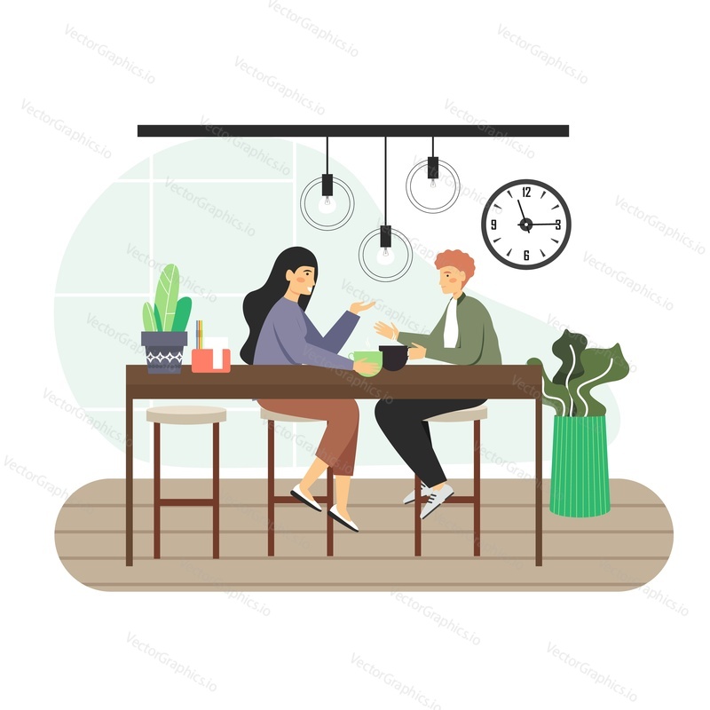 Coffee shop scene. Happy man and woman drinking coffee, talking to each other sitting at bar counter, flat vector illustration. Young people friends meeting. Coffeehouse, cafe interior.