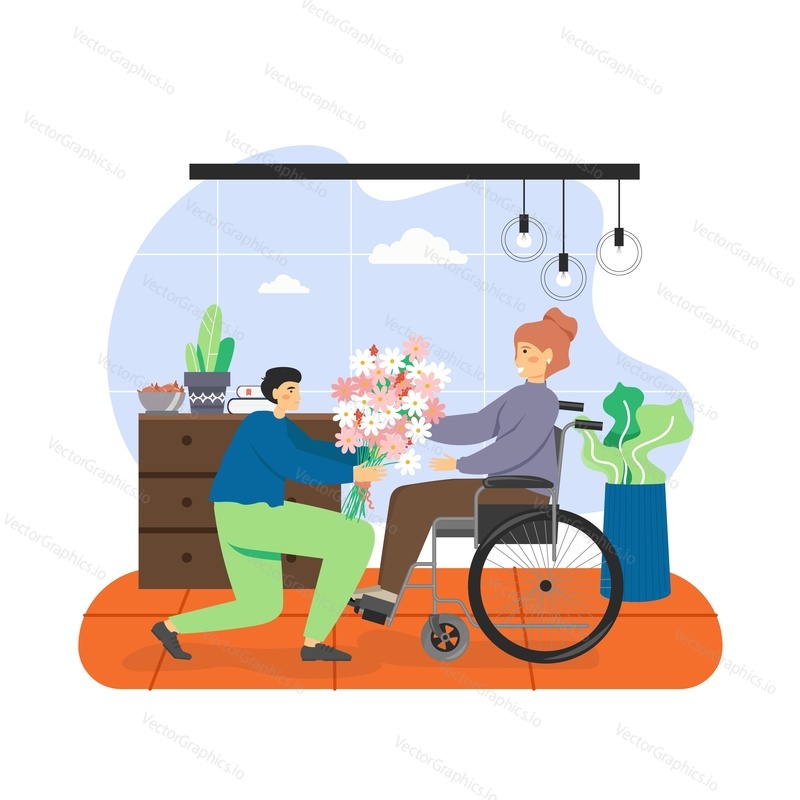 Young man giving bouquet of flowers to disabled woman using wheelchair, flat vector illustration. Happy girl with disabilities. Disabled person lifestyle, relatioship, romantic date.