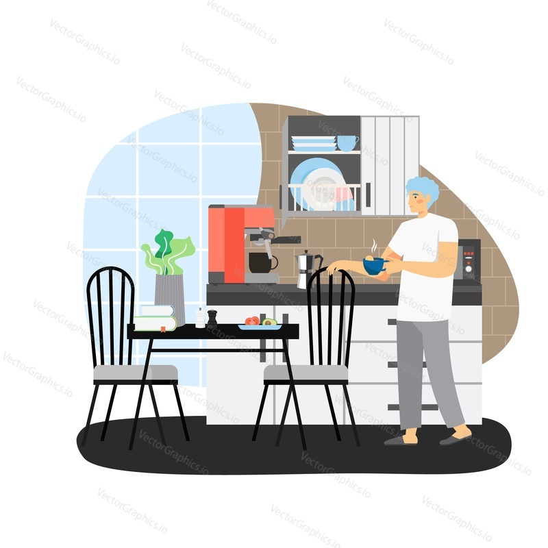 Daily life. Young man having breakfast, flat vector illustration. Male cartoon character eating healthy meal and drinking coffee. Daily morning routine, everyday activities, healthy lifestyle.