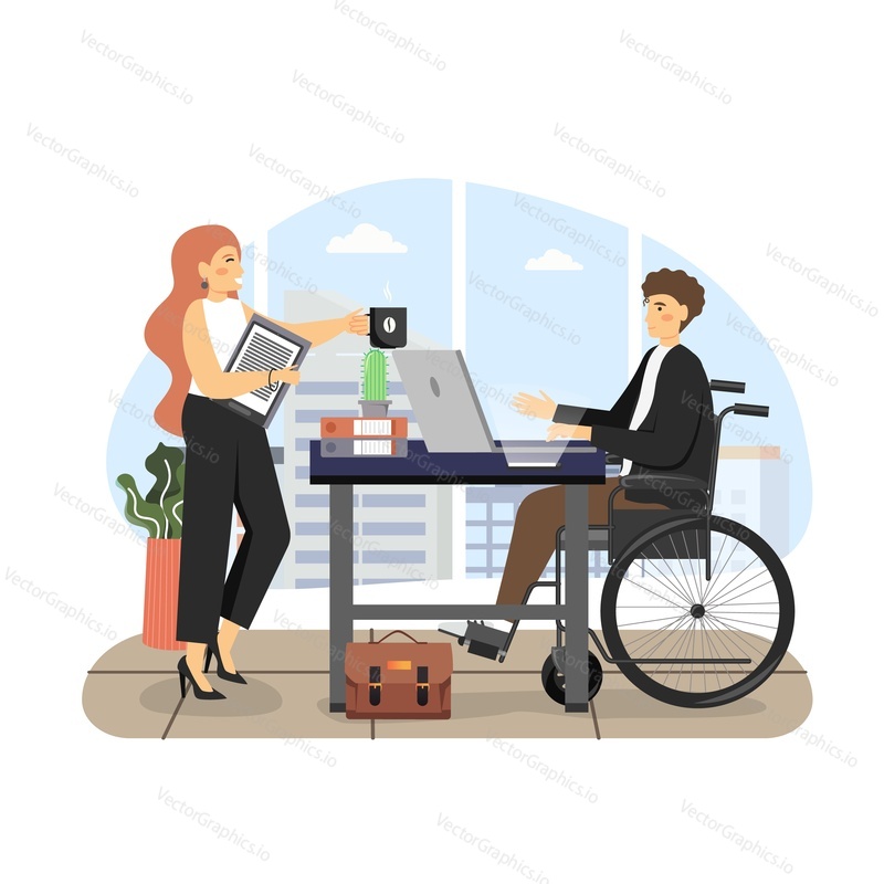 Disabled man using wheelchair working on laptop computer in office, flat vector illustration. Girl giving cup of coffee to handicapped business man. Disabled people lifestyles. Disability employment.