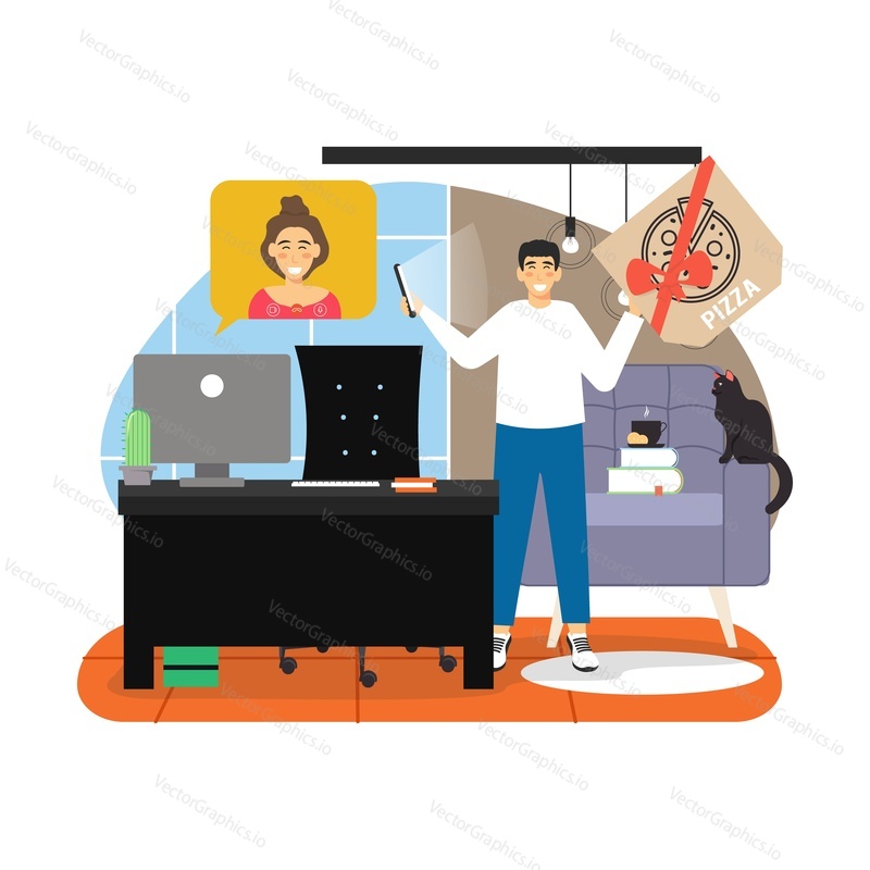 Happy couple communicating over the internet, flat vector illustration. Young man holding mobile phone and sending gift, pizza in box with ribbon to his girlfriend. Pizza online delivery service.