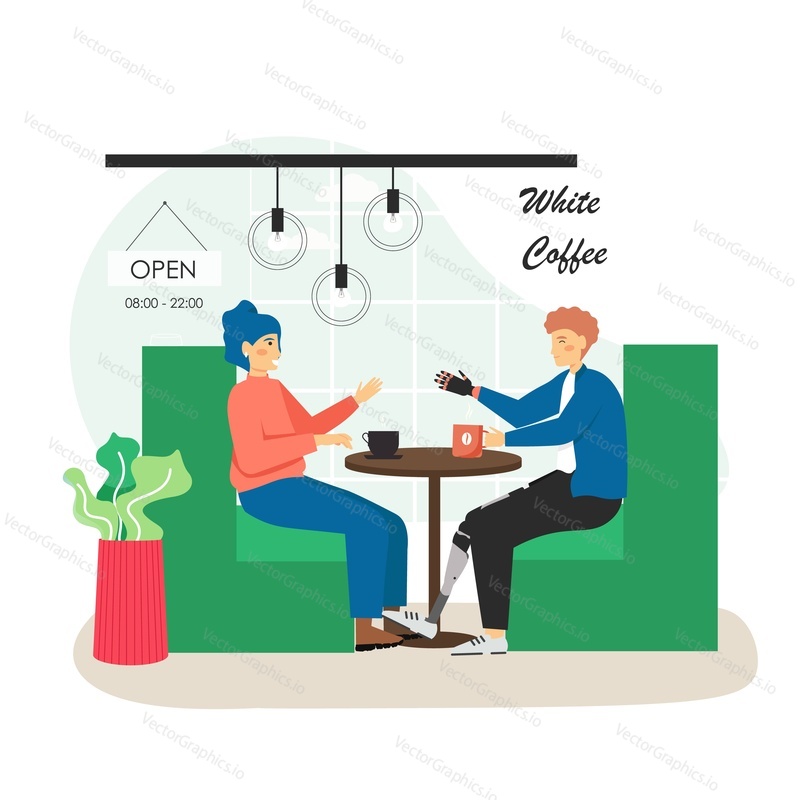 Girl and disabled man with prosthetic arm and leg meeting in cafe, flat vector illustration. Friends, colleagues drinking coffee, talking to each other sitting at table. Disabled person lifestyle.