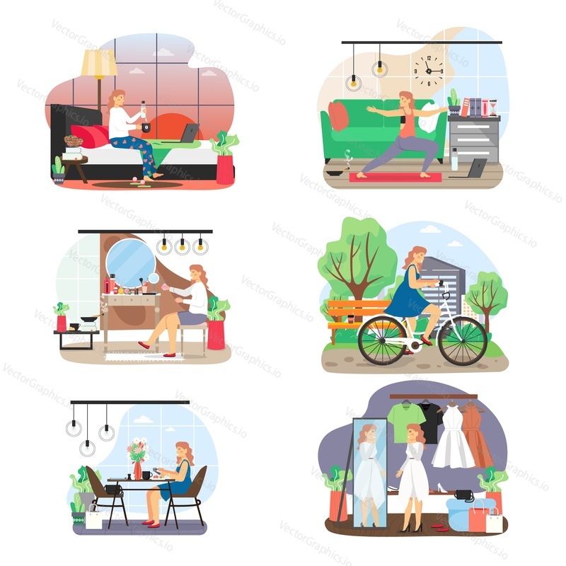 Woman daily life set, flat vector illustration. Young girl waking up, having breakfast, doing makeup, riding bicycle in the park, shopping, doing home yoga. Daily morning routine, everyday activities.