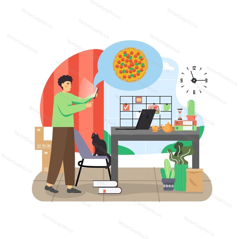 Young man ordering pizza online using mobile phone, flat vector illustration. Fast food pizza delivery online service. E-commerce.