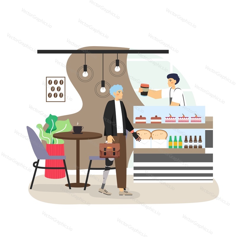 Cafe, coffee shop scene with barista at counter and disabled businessman with prosthetic arm and leg buying coffee in reusable cup, flat vector illustration. Disabled person lifestyle.