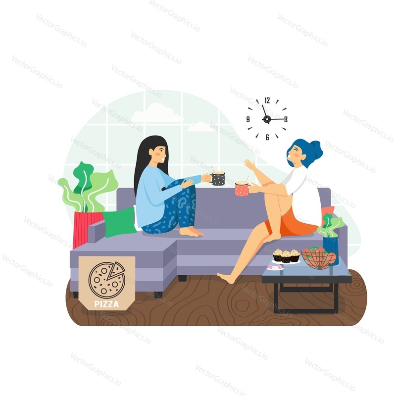 Two happy girls enjoying pizza sitting on sofa at home, flat vector illustration. Young women, best friends talking, drinking coffee and having fun. Female friendship.