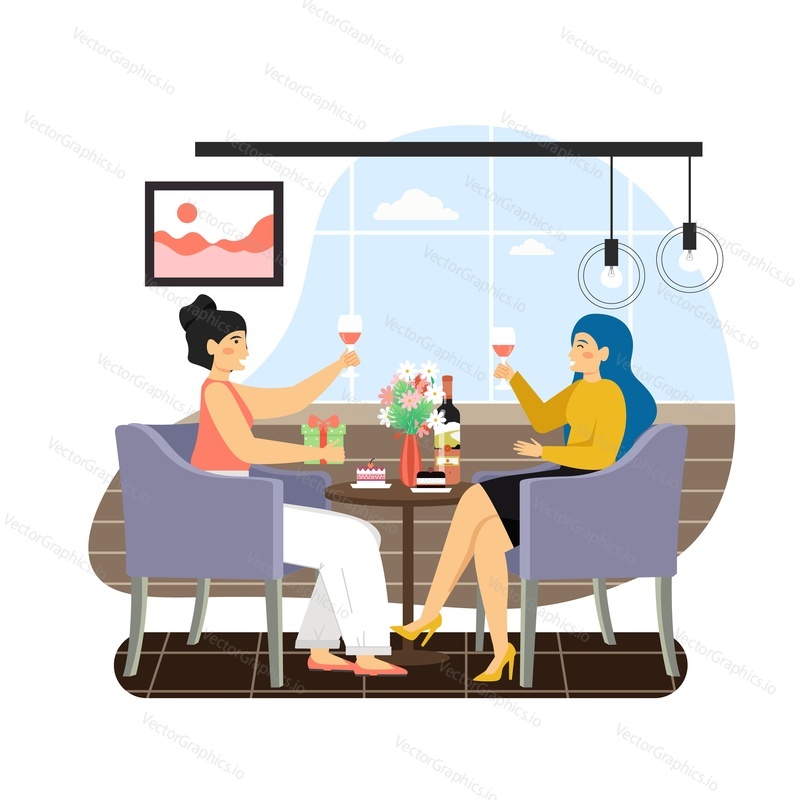 Two happy girls sitting at table and drinking wine, flat vector illustration. Young women, best friends talking, laughing. Meeting in cafe, restaurant, birthday party celebration. Female friendship.