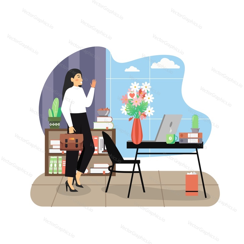Happy business woman receiving beautiful bouquet of flowers with romantic card message at the office, flat vector illustration. Office flower delivery service.