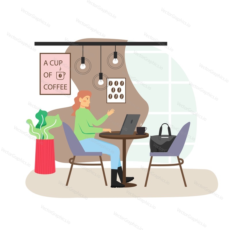 Coffee shop scene. Happy woman drinking coffee and working on laptop computer while sitting at table, flat vector illustration. Freelance, remote work. Coffeehouse, cafe interior.