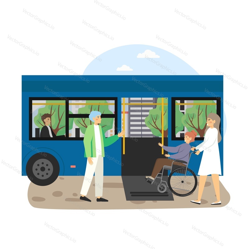 Bus stop. Young woman helping disabled man sitting in wheelchair to board city public transport using wheelchair access ramp, flat vector illustration. Disabled person lifestyle. Bus accessibility.