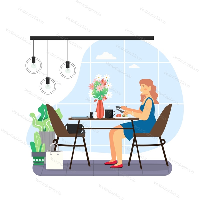 Daily life. Young woman having breakfast in the morning, flat vector illustration. Happy girl sitting at table, eating healthy meal, drinking tea. Daily morning routine, everyday activities.