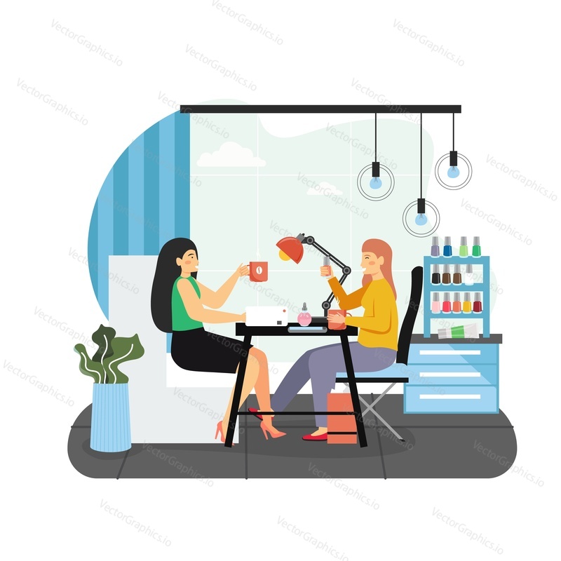 Beauty salon. One girl doing manicure to another one, flat vector illustration. Two happy women, best friends talking, drinking coffee. Nail treatment, hand care. Female friendship.