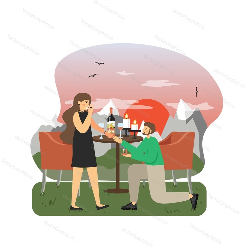 Romantic couple in love having dinner at restaurant. Young man kneeling, holding engagement ring and making marriage proposal to woman, flat vector illustration. Love and romance. Wedding proposal.