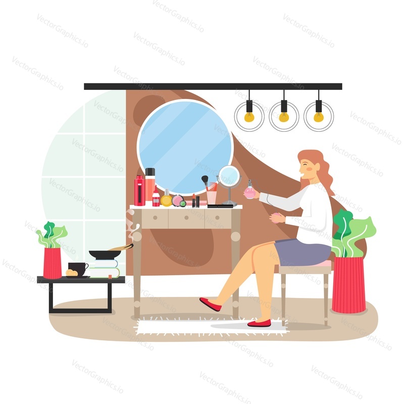 Daily life. Young woman doing makeup in the morning, flat vector illustration. Daily morning routine, everyday activities, beauty habits.