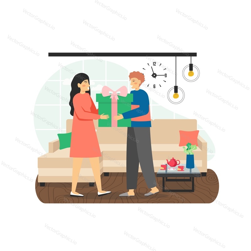 Happy couple holding giant gift box, flat vector illustration. Man giving box with ribbon to girl or v.v. Young couple receiving present. Gift delivery service. Birthday, anniversary, romantic present