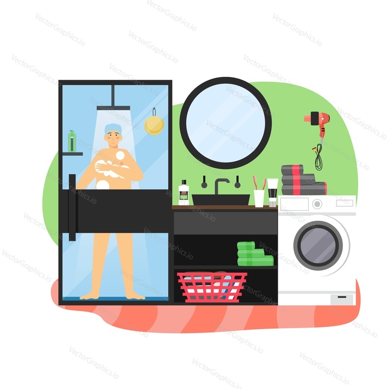 Daily life. Young man taking shower in bathroom, flat vector illustration. Daily morning routine, everyday activities.
