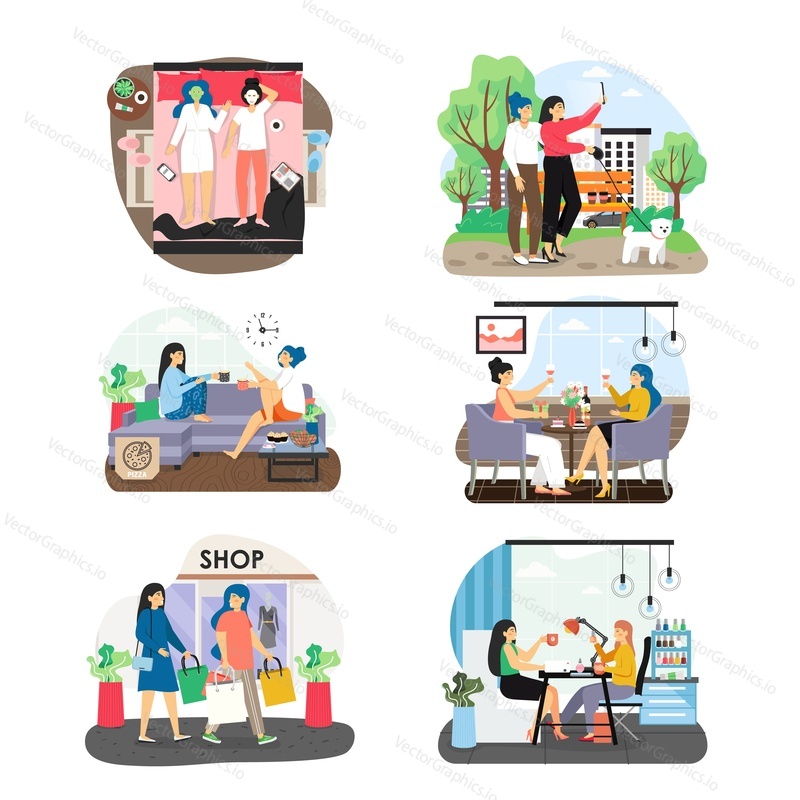 Female friendship set, flat vector isolated illustration. Happy girls, best friends meeting, talking. Women walking in the park, taking selfie, eating pizza at home, drinking wine at restaurant, etc.
