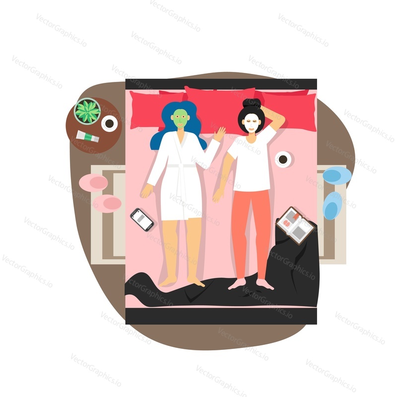 Two happy girls lying on bed with beauty facial masks, flat vector illustration. Young women, best friends spending free time together. Female friendship, sleepover, spa procedures at home.