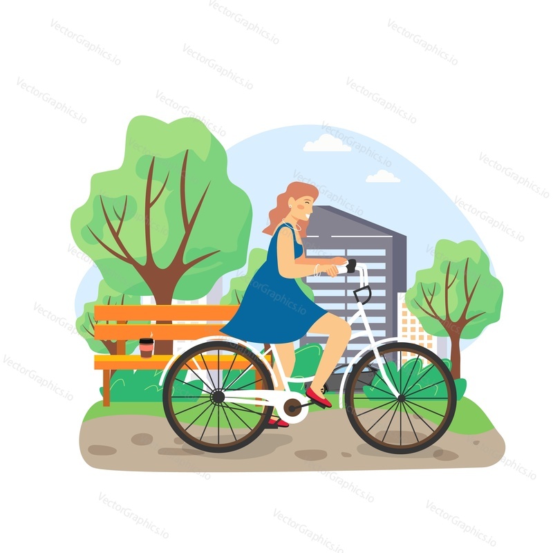 Daily life. Young woman riding bicycle in the park, flat vector illustration. Daily routine, everyday activities. Active and healthy lifestyle.