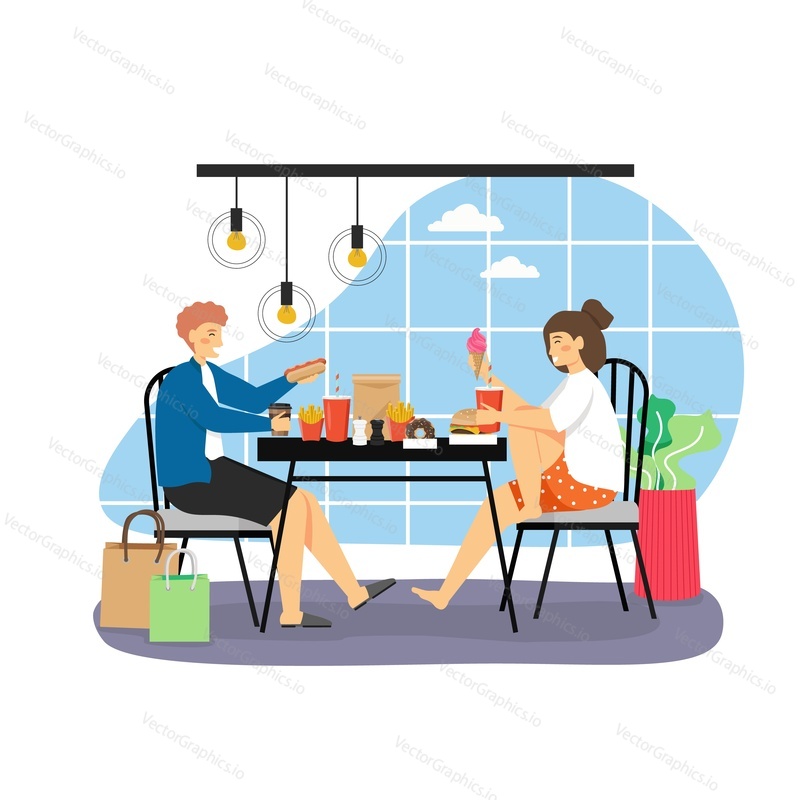 Happy couple eating burger, hot dog, french fries, ice cream, drinking soda sitting at table at home, flat vector illustration. Fast food delivery online service.