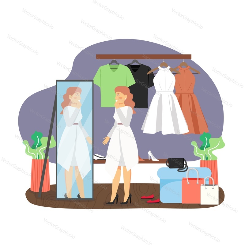 Daily life. Women clothing store, fashionable boutique. Happy girl trying on white dress in front of mirror, flat vector illustration. Daily routine, everyday activities.
