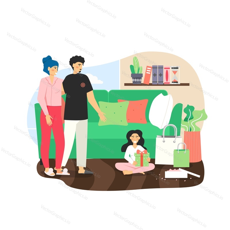 Happy parents looking at their daughter sitting on the floor with gift box and bags full of birthday presents, flat vector illustration. Happy family, birthday party celebration.