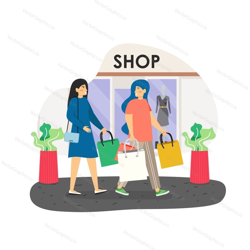 Two happy girls shopping together, flat vector illustration. Young women, best friends walking with bags full of purchases near fashion boutique, women clothing shop. Female friendship.