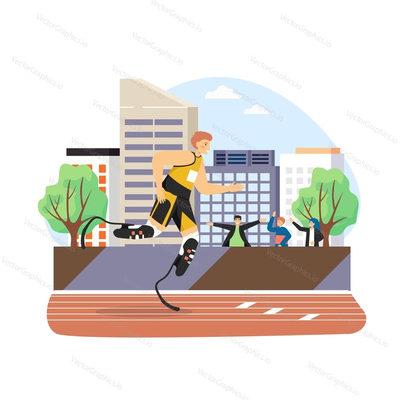 Athlete with prosthetic legs running marathon, flat vector illustration. Disabled man training for marathon on stadium running track. Runner with disabilities. Sport. Disability athletics.
