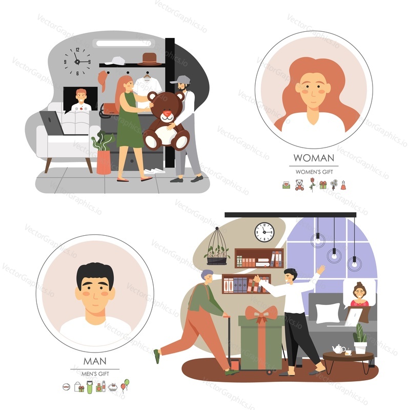 Online gifts for loved ones staying at home in quarantine, flat vector illustration. Man and woman in self isolation sending presents for each other during Covid-19 disease. Online gift delivery.