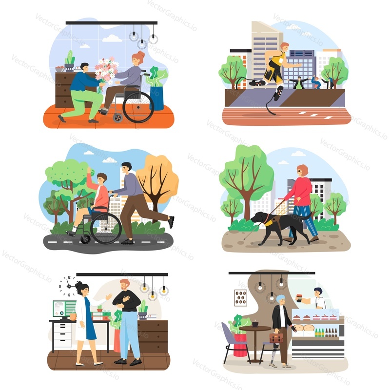 People with disabilities and visual impairment cartoon character set, flat vector illustration. Disabled running marathon, walking in the park, visiting doctor, cafe. Disabled people lifestyles.