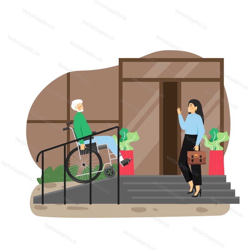 Disabled senior man in wheelchair using staircase with accessibility ramp at house entrance, flat vector illustration. Wheelchair ramps for home accessibility. Disabled person lifestyle.