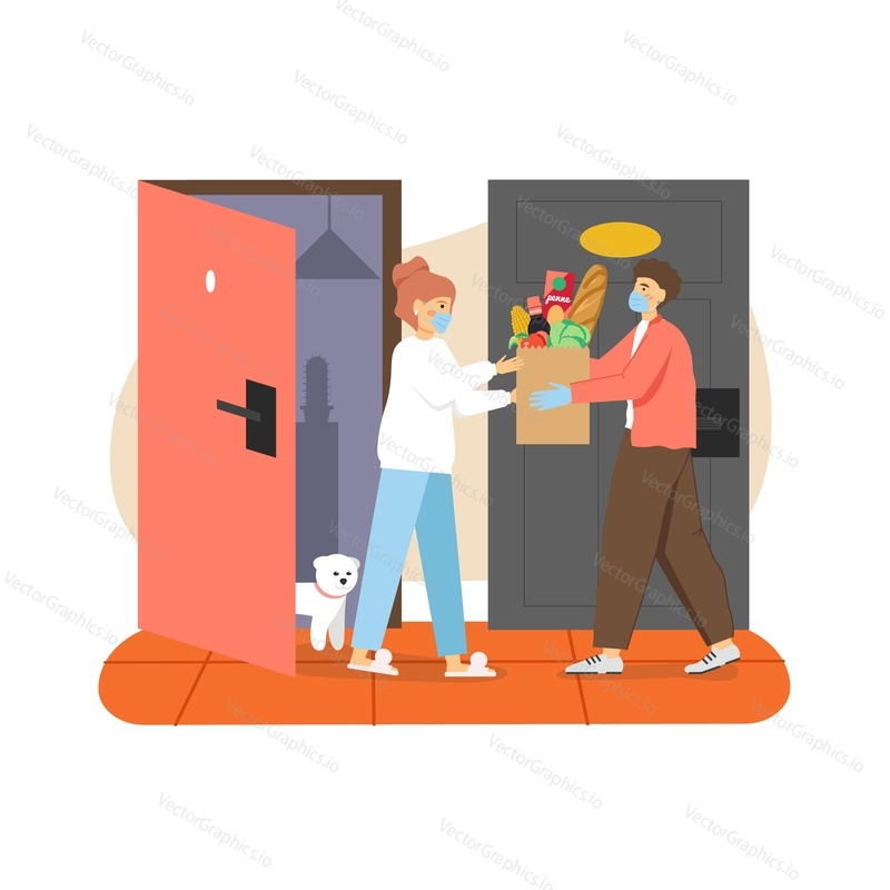 Delivery man, courier in face mask delivering food products to home door, giving grocery bag to customer female, flat vector illustration. Home delivery services during corona virus covid-19 pandemic.