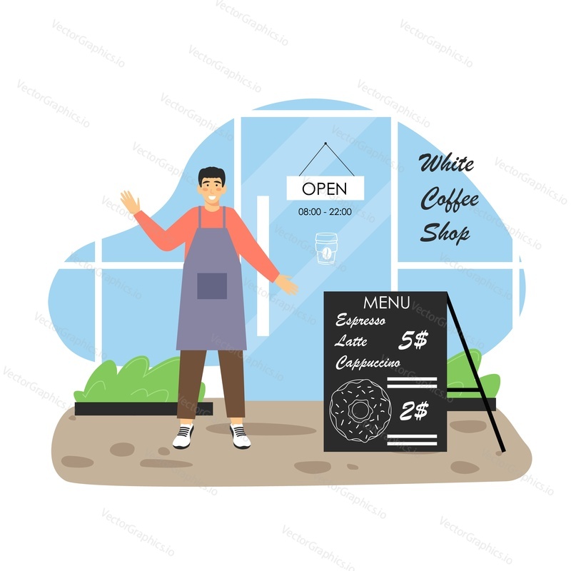 Coffee shop scene. Menu board, barista, male cartoon character standing at cafe entrance with Open door sign, flat vector illustration. Coffeehouse, cafe business.