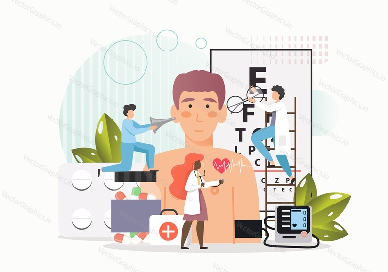 Doctors, tiny male, female characters examining patient eyesight, heart and ear health, flat vector illustration. Doctor otolaryngologist, ophthalmologist, physician checkup, consultation, appointment