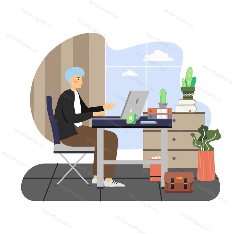 Daily life. Business man working on laptop computer sitting at desk in office, flat vector illustration. Working time, workplace interior. Daily routine, everyday activities.