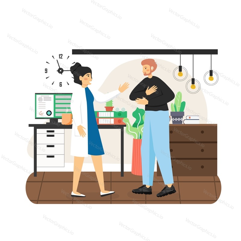 Patient, disabled man visiting doctor, flat vector illustration. Medical care for people with disabilities. Doctor consultation, treatment, rehabilitation. Medicine and healthcare for the disabled.
