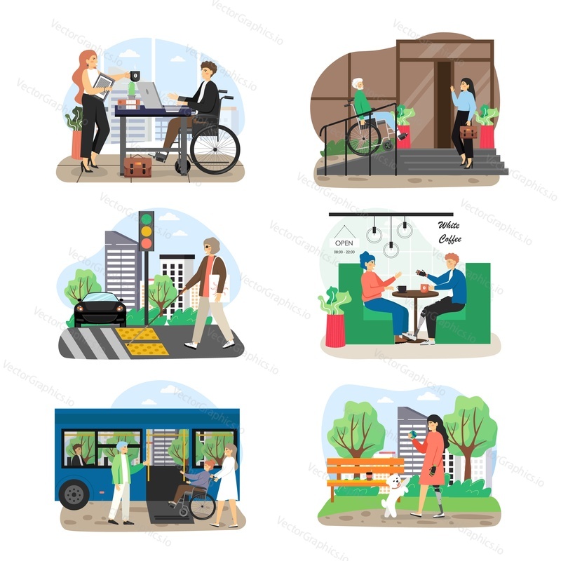 People with disabilities and visual impairment cartoon character set, flat vector illustration. Disabled in office, cafe, park, public transport, in the street. Disabled people lifestyles, interests.