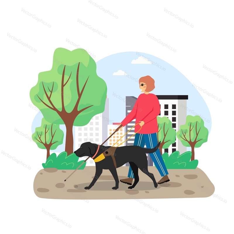 Blind woman walking with stick and guide dog in city park, flat vector illustration. Disabled girl with pet dog companion. Pets assistance for person with visual impairment.
