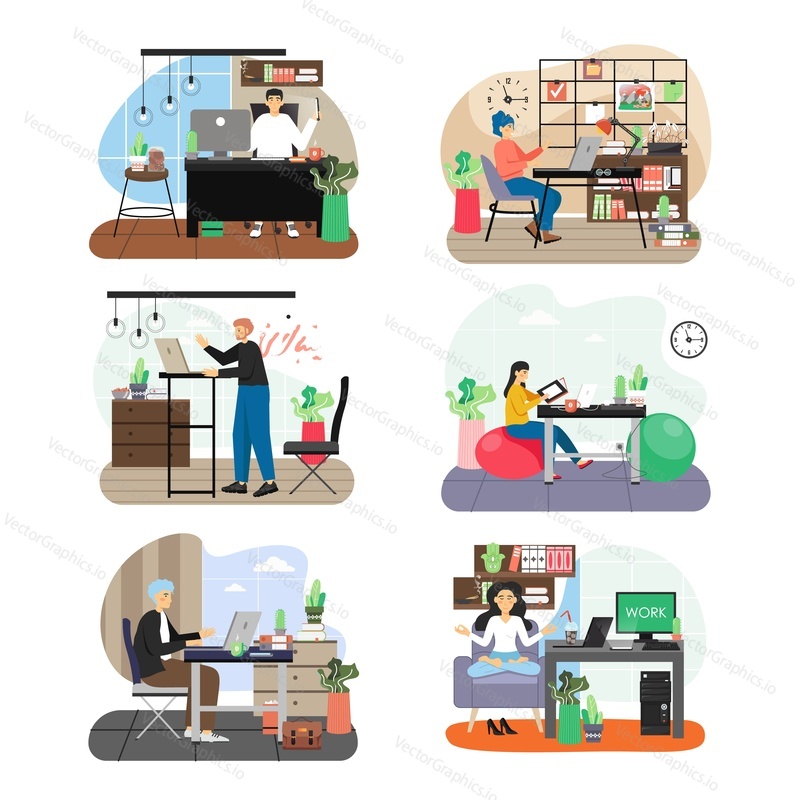 Office scene set, flat vector illustration. Business people, male and female characters working on computers, practicing yoga. Office interior with modern ottomans, high table, vision board.