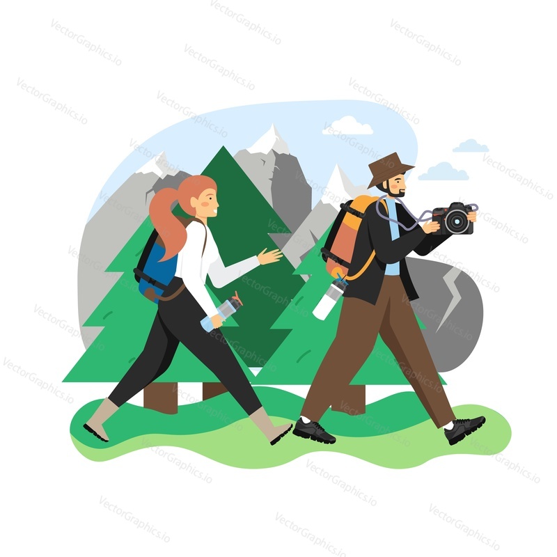 Hiking scene, flat vector illustration. Traveler, hiker couple with backpacks, camera, water bottles going hiking in forest. Trekking, mountain tourism, adventure, expedition, nature discovery.