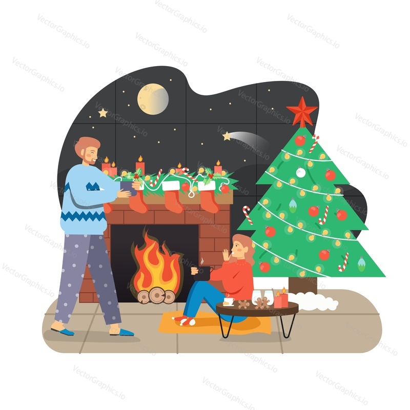 Happy couple celebrating New Year night, Christmas holidays together at home, flat vector illustration. Living room interior with decorated fireplace, Christmas tree. Romantic night at fireplace.