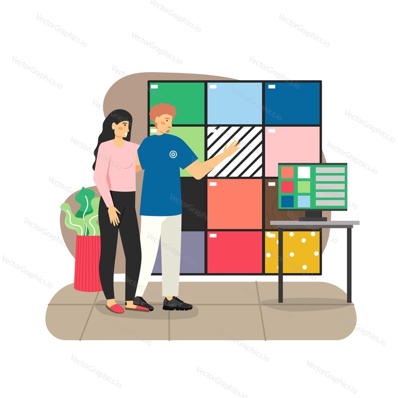 Happy couple choosing ceramic tiles in construction shop, flat vector illustration. Home improvement, home renovation or remodeling.