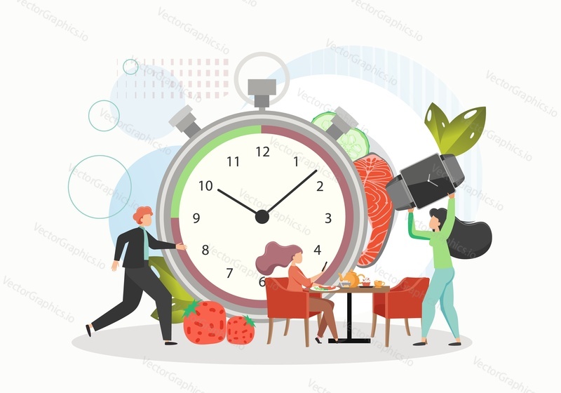 Intermittent or interval fasting. Happy girl practicing fasting and eating on regular schedule, flat vector illustration. Weight management, weight loss.