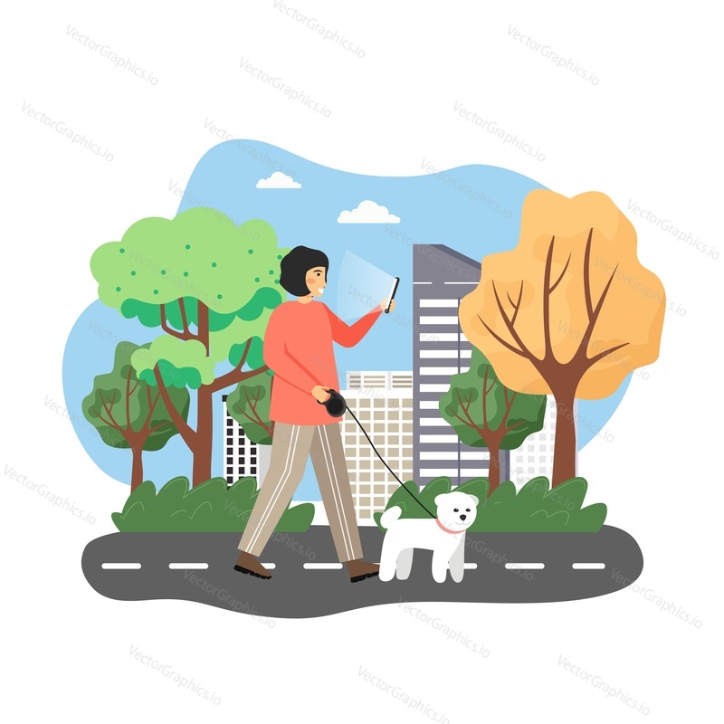 Happy woman walking with dog in city park and using mobile phone, flat vector illustration. Young people lifestyles. Social media and smart phone addiction.