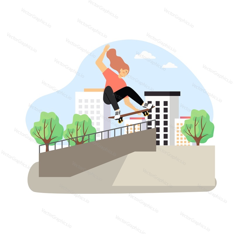 Happy girl enjoying skateboarding in skatepark, flat vector illustration. Young woman jumping and performing tricks on skate ramp. Active eco transport. Extreme sport and recreation activity.