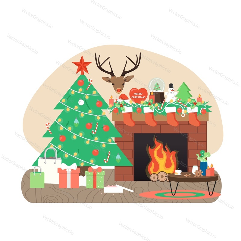 Cozy living room interior with decorated Christmas tree, fireplace, gifts, flat vector illustration. Home decoration for Christmas, New Year winter holidays celebration.