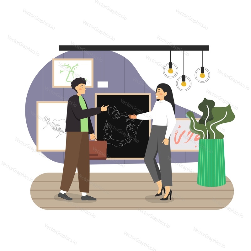 Young man choosing picture for purchase, flat vector illustration. Woman showing painting, piece of art to customer. Upgrading living room of apartment, house for comfort. Home improvement.