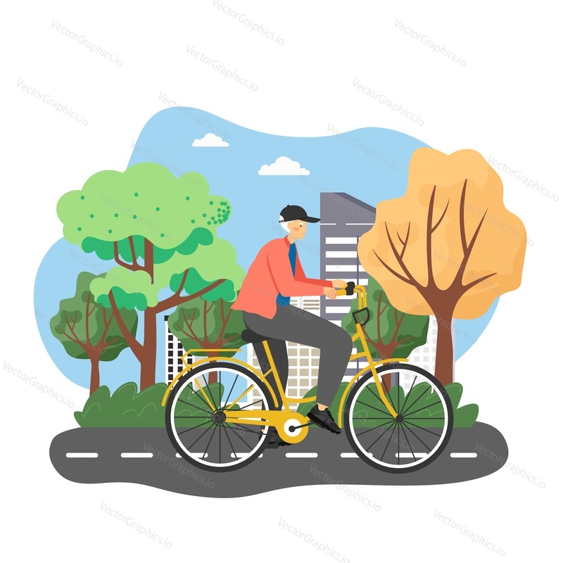 Happy man riding bicycle, flat vector illustration. Cyclist male cartoon character enjoying bike ride in the park. Eco friendly city transport. Active and healthy lifestyle.