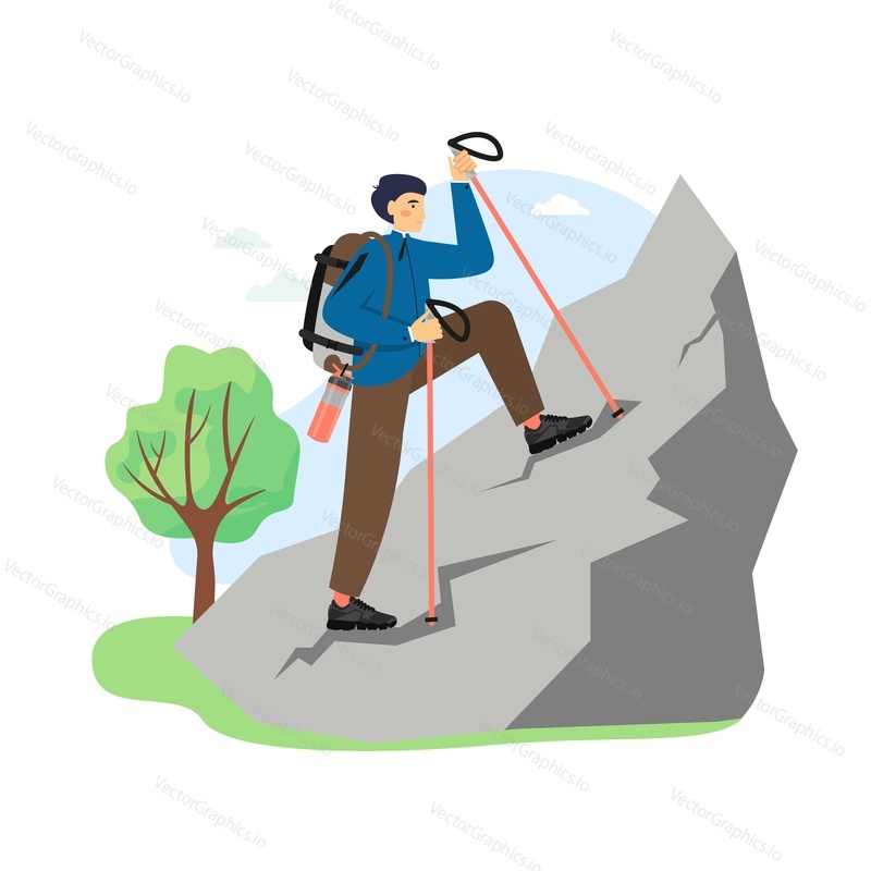 Hiking scene, flat vector illustration. Traveler, hiker, climber male character with backpack climbing the rock. Mountain tourism, travel adventure, expedition, mountaineering.