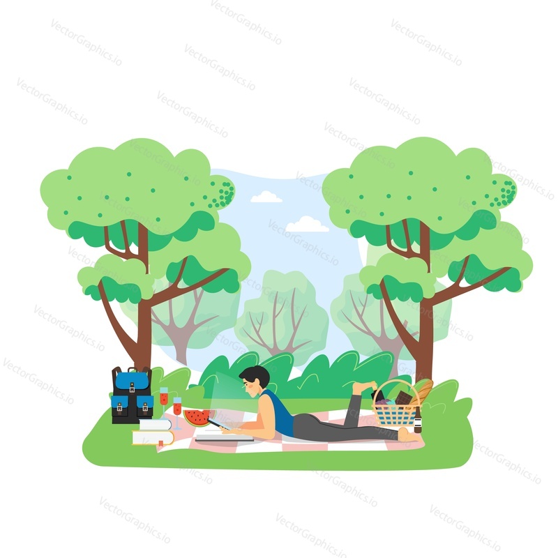 Summer picnic. Happy girl lying on blanket and using mobile phone, flat vector illustration. Picnic basket. Young people lifestyles. Social media and smart phone addiction.